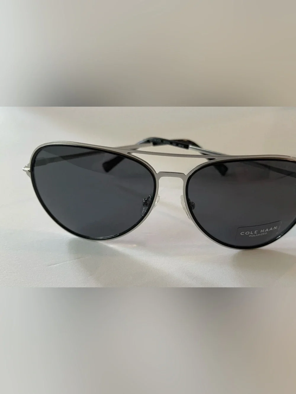 Cole Haan Polarized Aviator Sunglasses Silver Frame Black Lens CH8007 60/14/140